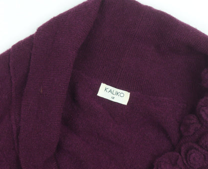 Kaliko Women Purple Cardigan Size 12 Wool Floral Tie Wrap Jumper