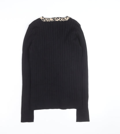 Lipsy Women Black Leopard Trim V-Neck Rib Knit Jumper Size 12