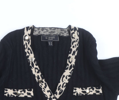 Lipsy Women Black Leopard Trim V-Neck Rib Knit Jumper Size 12