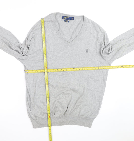 Ralph Lauren Men's Grey Slim Fit V-Neck Cotton Jumper - L