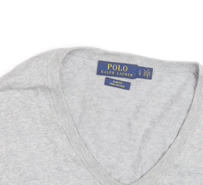 Ralph Lauren Men's Grey Slim Fit V-Neck Cotton Jumper - L