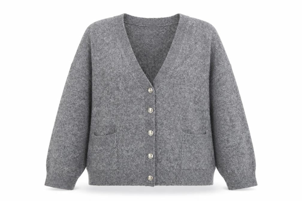 Savior Women's Grey Wool Blend V-Neck Button Cardigan XL