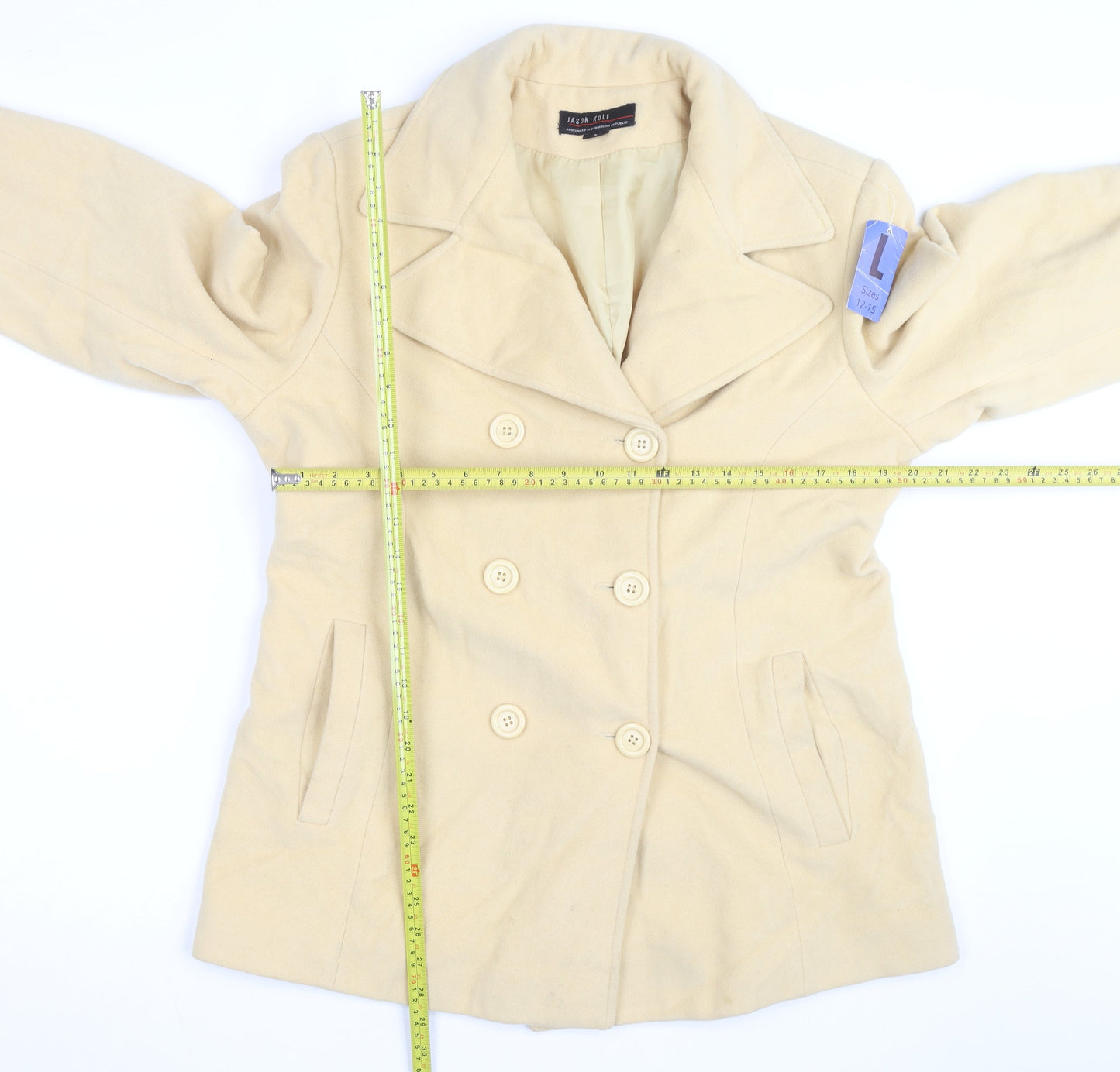 Jason Kole Women's Beige Wool Blend Pea Coat L 12/14 Classic Mid-Length