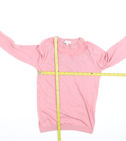 Warehouse Women Pink Floral Embroidered Crew Neck Jumper Size 8