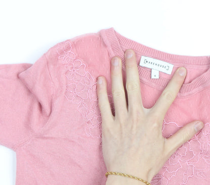 Warehouse Women Pink Floral Embroidered Crew Neck Jumper Size 8
