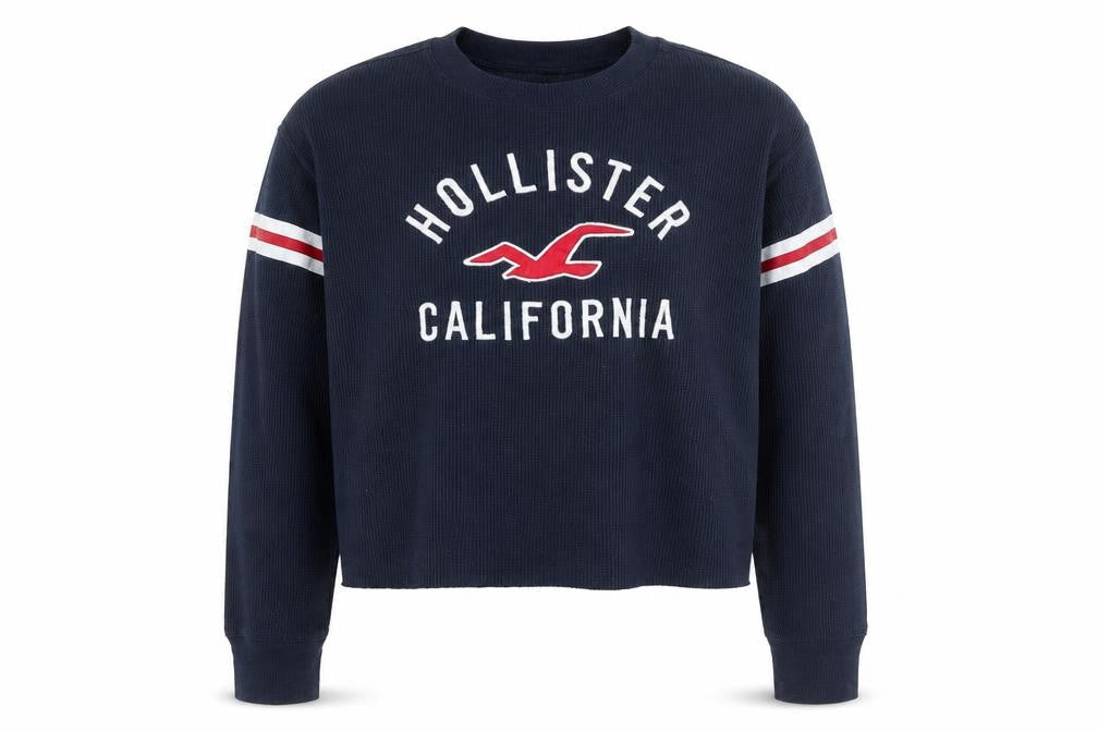 Front view of Hollister unisex navy blue waffle-knit jumper l