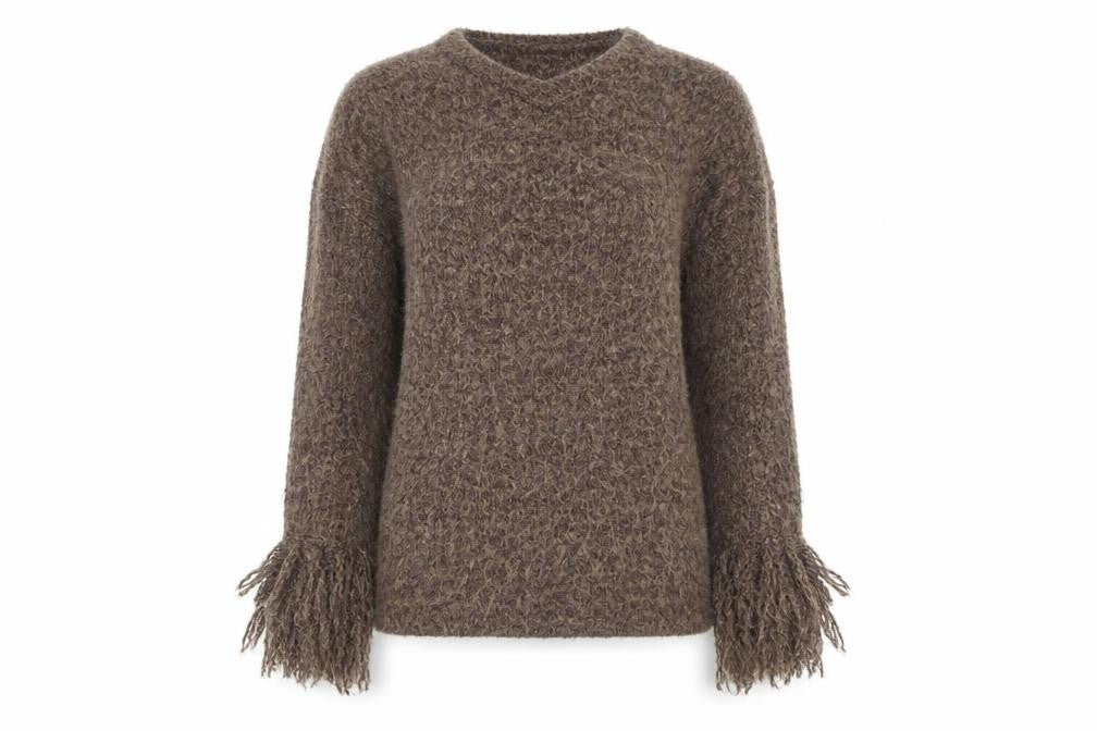 Zara Women’s Brown Chunky-Knit Fringe V-Neck Jumper Size 12