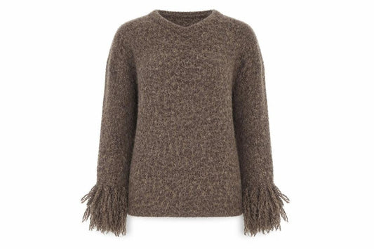 Zara Women’s Brown Chunky-Knit Fringe V-Neck Jumper Size 12