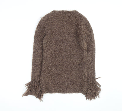 ZARA Women’s Brown Chunky-Knit Fringe V-Neck Jumper Size 12