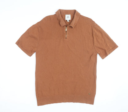 Next Men's Brown Short Sleeve Cotton Zip Polo Shirt Size S