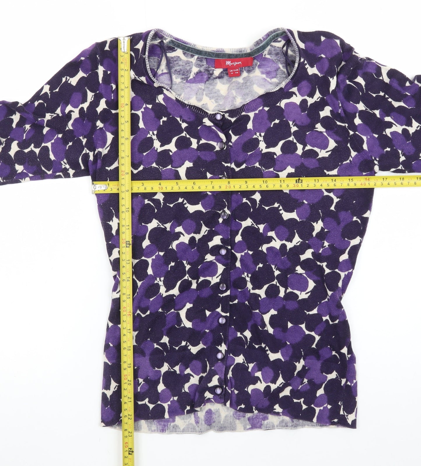 Monsoon Women’s Purple Floral Cardigan Size 12 Knit 3/4 Sleeve Belted