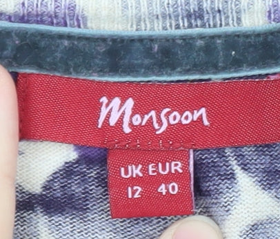 Monsoon Women’s Purple Floral Cardigan Size 12 Knit 3/4 Sleeve Belted
