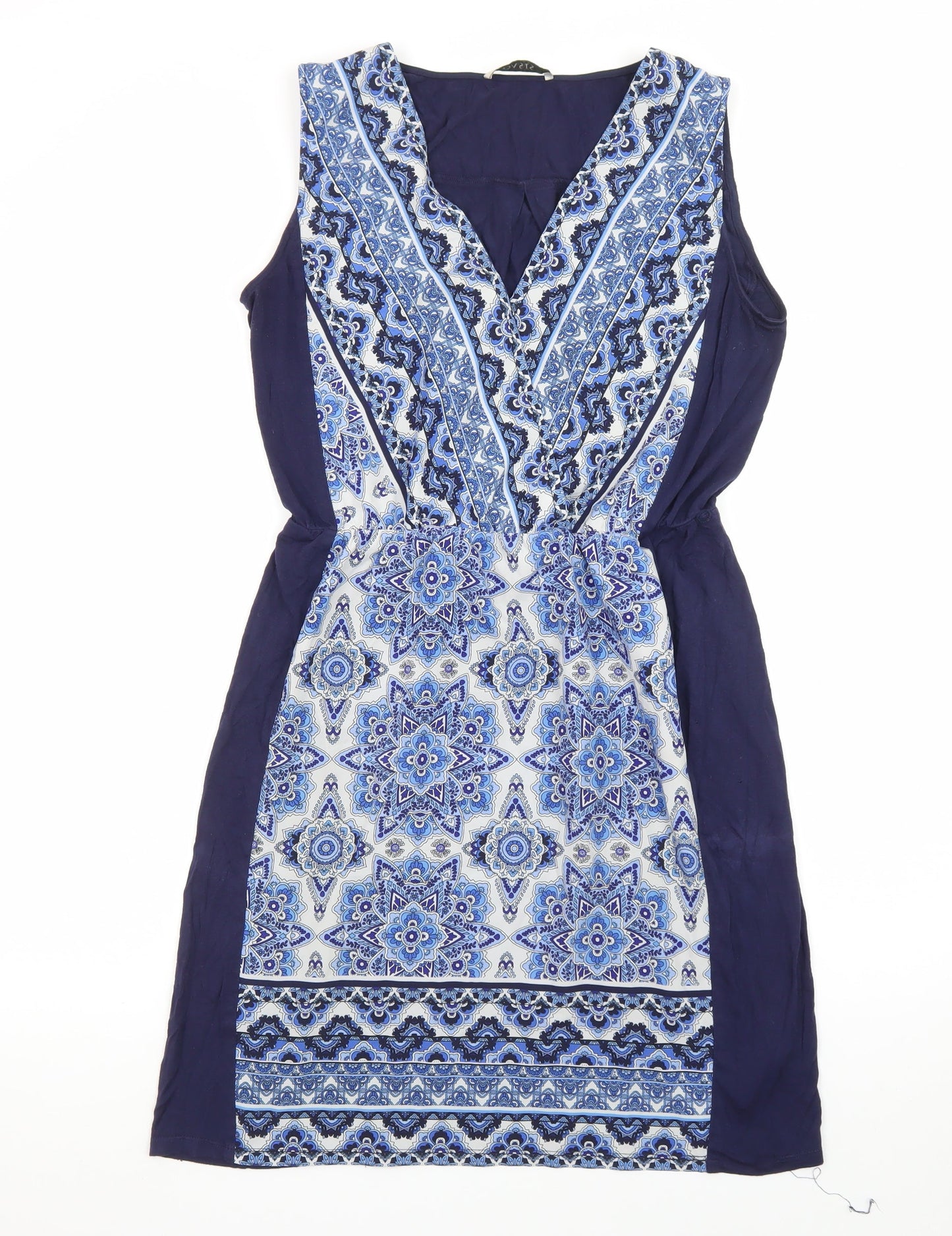 Oasis Women Blue Geometric Sleeveless V-Neck Shift Dress M
