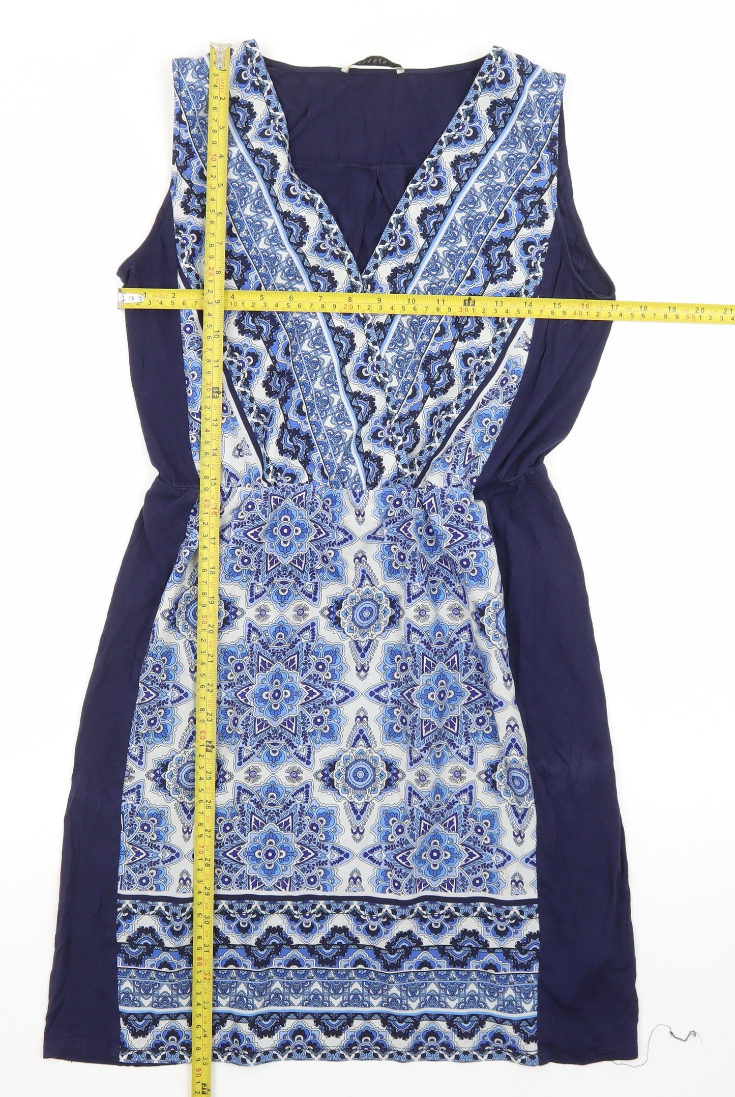 Oasis Women Blue Geometric Sleeveless V-Neck Shift Dress M