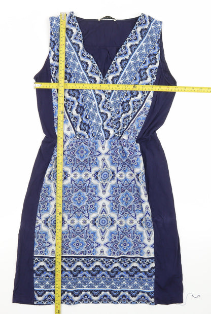 Oasis Women Blue Geometric Sleeveless V-Neck Shift Dress M