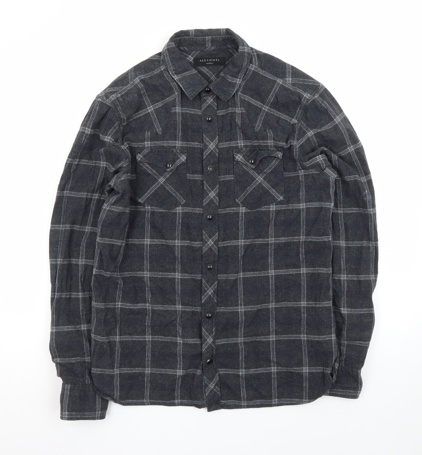 AllSaints Men's Grey Check Flannel Button-Up Shirt Medium