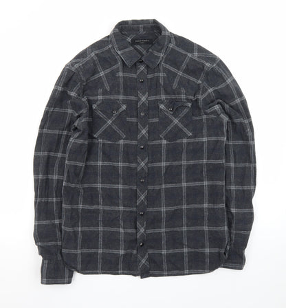 AllSaints Men's Grey Check Flannel Button-Up Shirt Medium