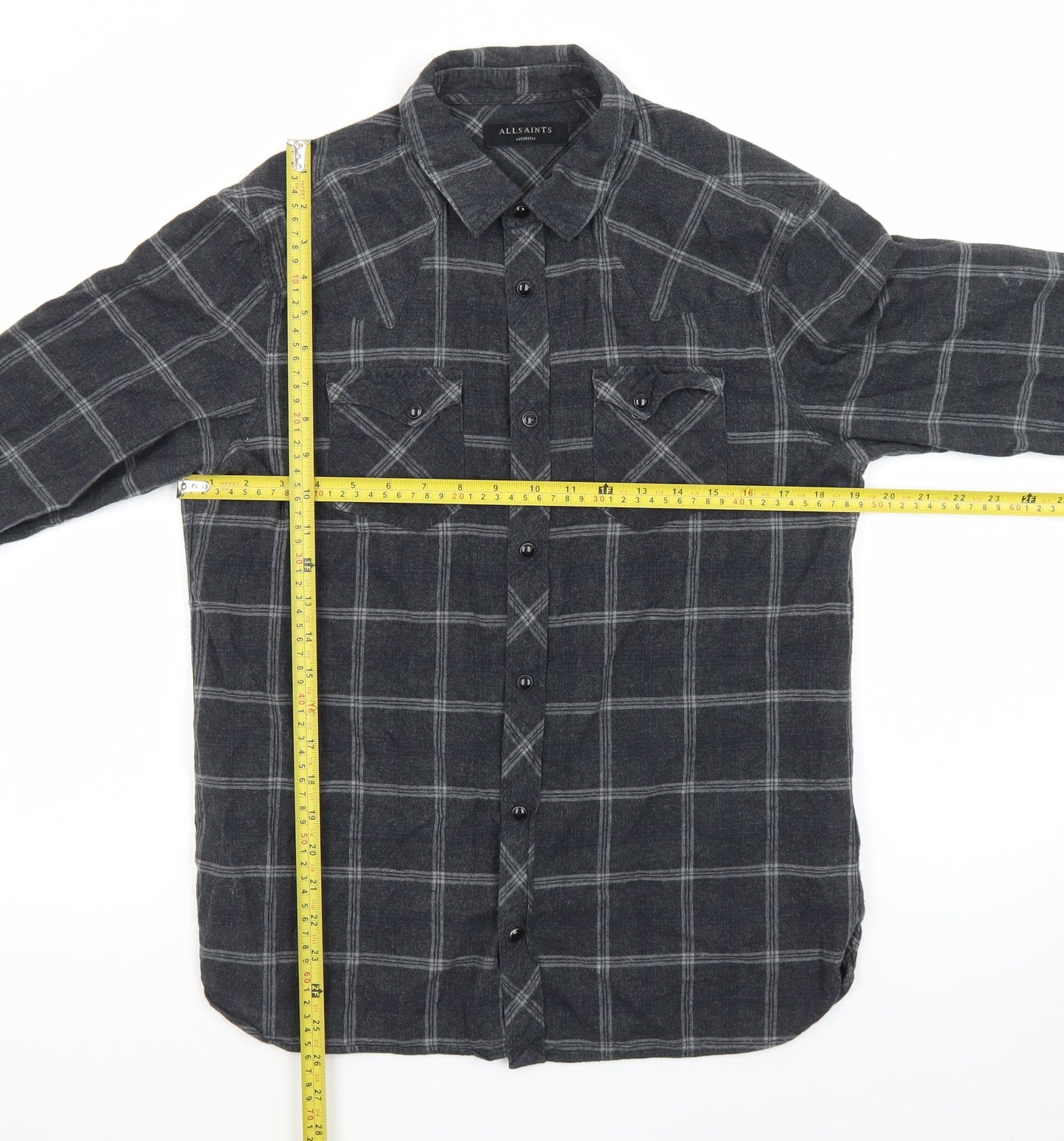 AllSaints Men's Grey Check Flannel Button-Up Shirt Medium