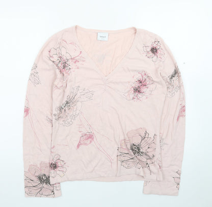 Next Women's Pink Floral V-Neck Long Sleeve Cotton T-Shirt UK 14