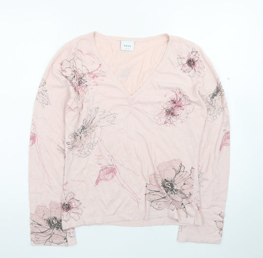 Next Women's Pink Floral V-Neck Long Sleeve Cotton T-Shirt UK 14