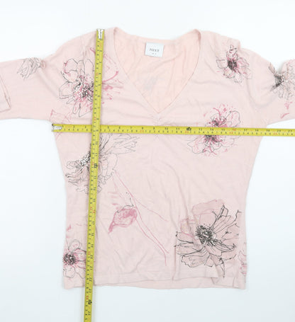 Next Women's Pink Floral V-Neck Long Sleeve Cotton T-Shirt UK 14