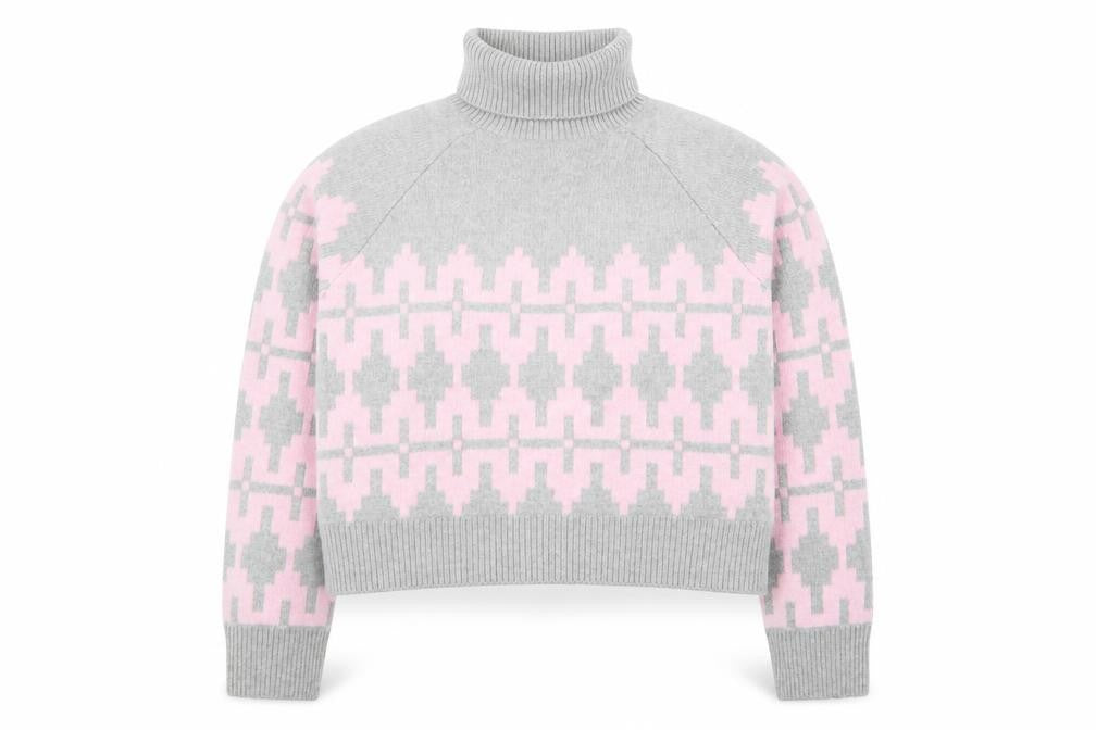 H&M Divided Women's Grey Pink Roll Neck Jumper L Wool Blend Geometric Knit