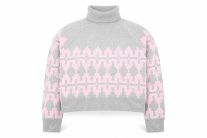 H&M Divided Women's Grey Pink Roll Neck Jumper L Wool Blend Geometric Knit
