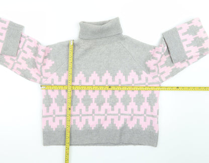 H&M Divided Women's Grey Pink Roll Neck Jumper L Wool Blend Geometric Knit