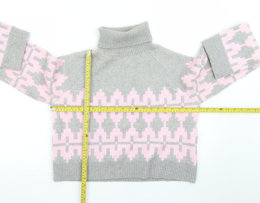 H&M Divided Women's Grey Pink Roll Neck Jumper L Wool Blend Geometric Knit