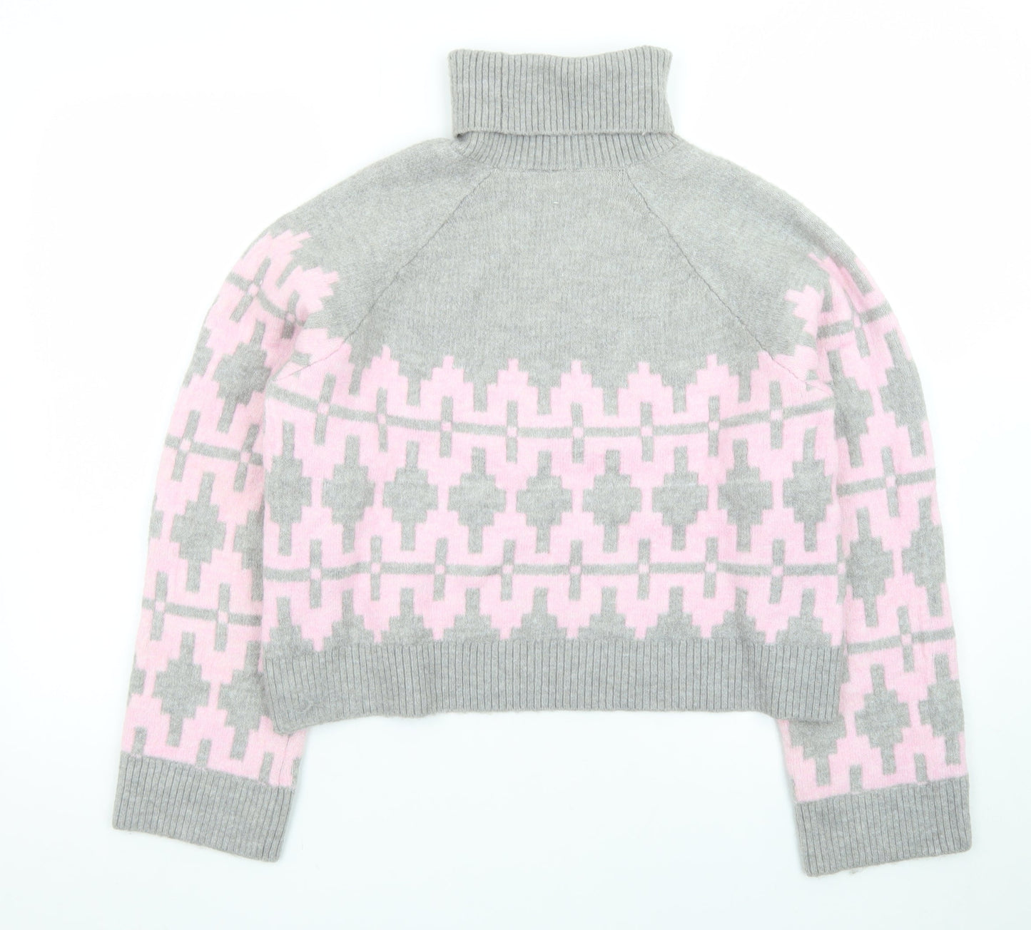 H&M Divided Women's Grey Pink Roll Neck Jumper L Wool Blend Geometric Knit