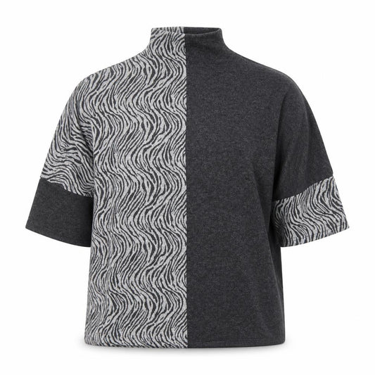 Bonmarché Womens Grey Animal Print Mock Neck Short Sleeve Jumper Size 10
