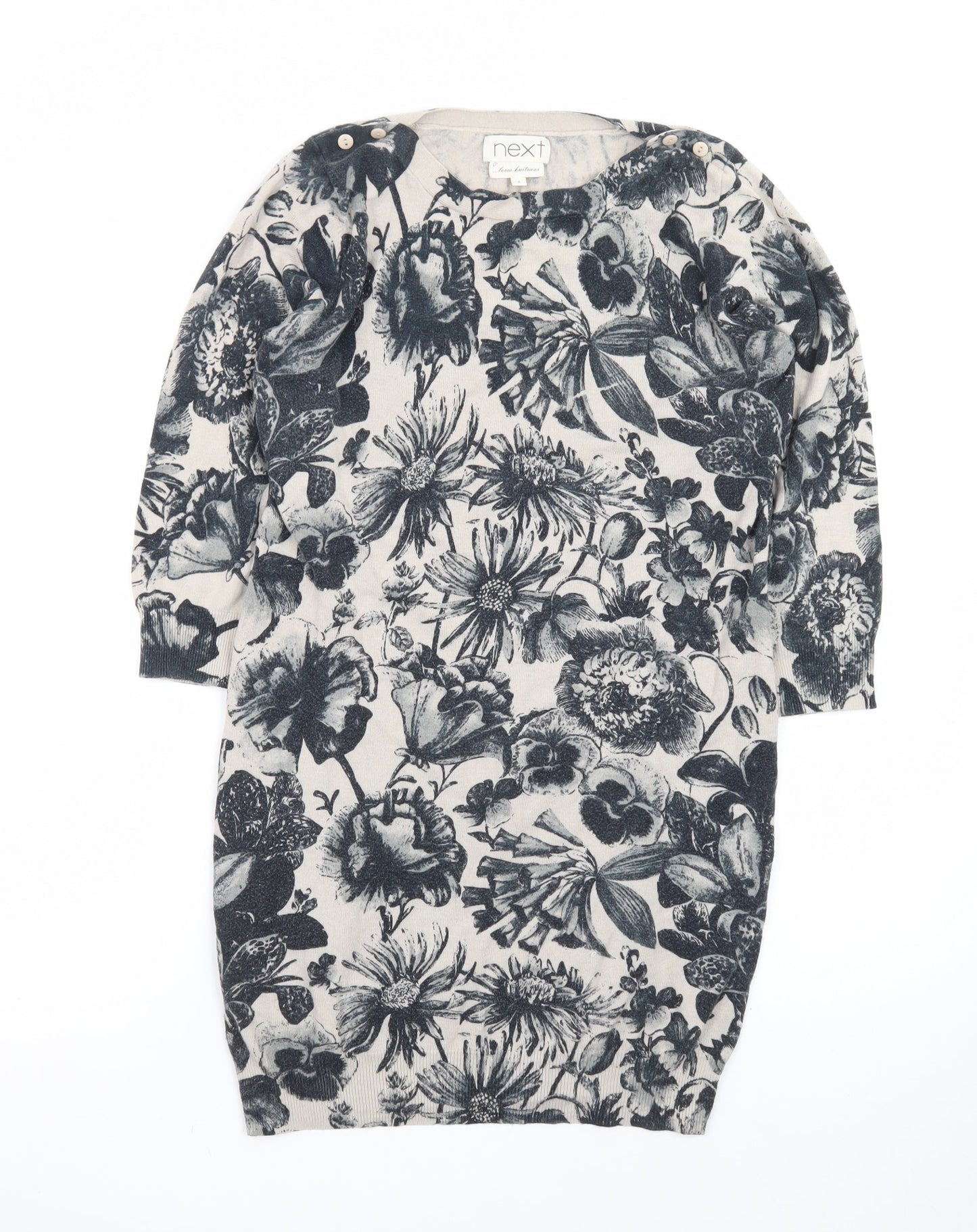 Next Women Beige Floral Knit Jumper Dress Size 8 3/4 Sleeve