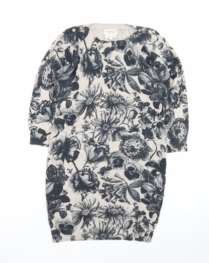 Next Women Beige Floral Knit Jumper Dress Size 8 3/4 Sleeve