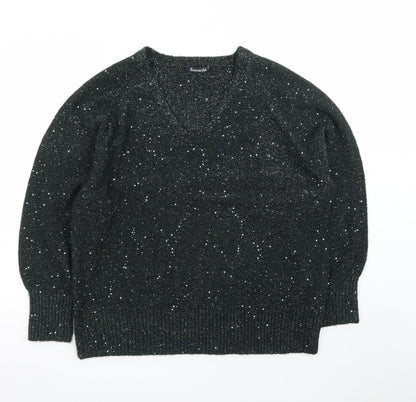 Bonmarché Women Black Glitter V-Neck Long Sleeve Pullover Jumper Size 18