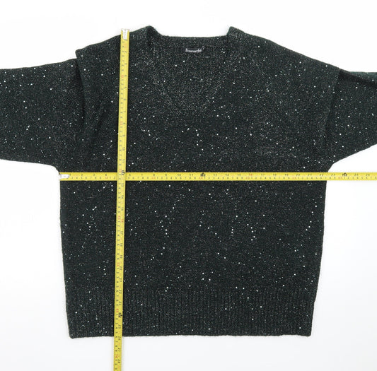 Bonmarché Women Black Glitter V-Neck Long Sleeve Pullover Jumper Size 18