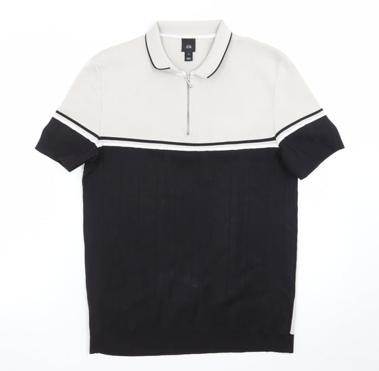 River Island Men's Beige Black Colourblock 1/4 Zip Polo Shirt Size M