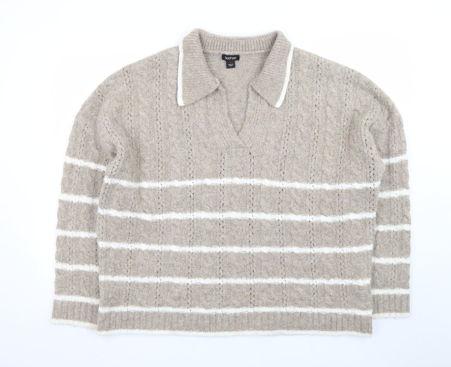 Boohoo Womens Beige Cable Knit Collared Pullover Jumper Size L