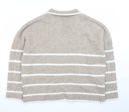 Boohoo Womens Beige Cable Knit Collared Pullover Jumper Size L