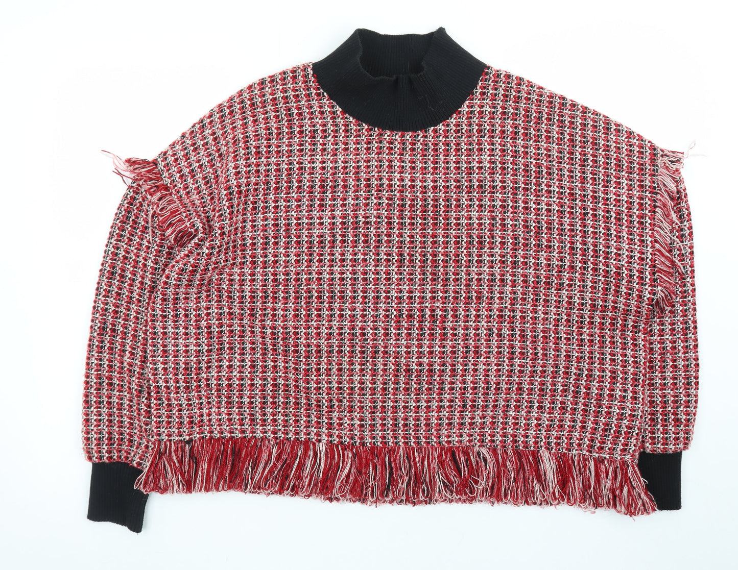 Zara Women Red High Neck Chunky Knit Wool Blend Pullover Jumper Size 12