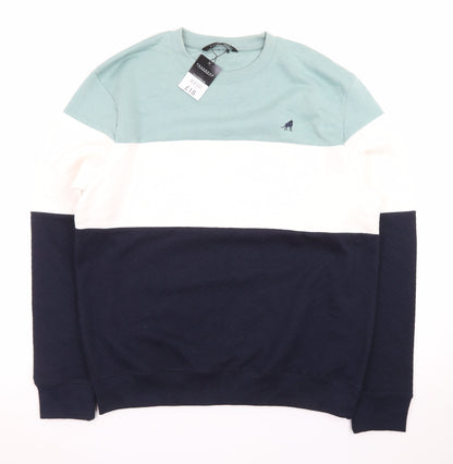 Peacocks Men's Blue Green White Colour Block Crew Neck Sweatshirt L