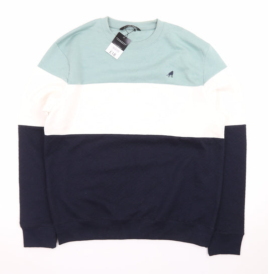 Peacocks Men's Blue Green White Colour Block Crew Neck Sweatshirt L