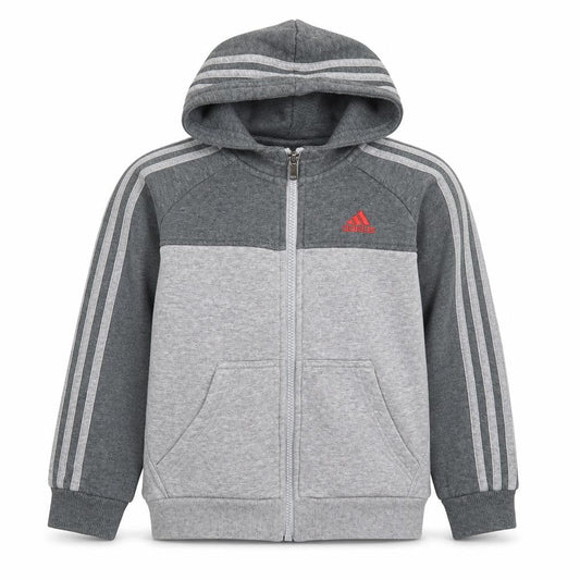 Front view of Adidas boys’ grey full zip hoodie 7-8 years fleece lined sportswear