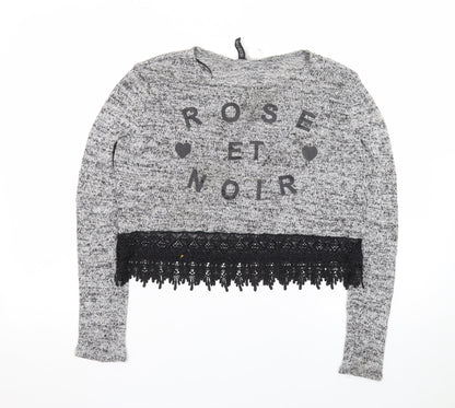 H&M Women’s Grey Lace Hem Pullover Jumper Size S