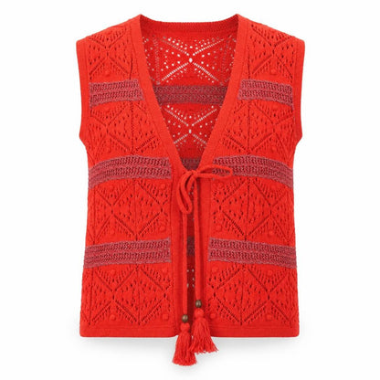 Marks & Spencer Women's Red Knit Sleeveless Tassel Vest S