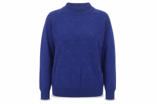 Front view of Honor Millburn Women's Blue Mock Neck Beaded Jumper, size 14-16