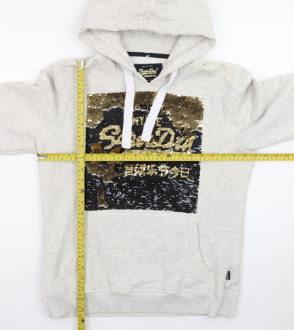 Superdry Womens Grey Sequin Hoodie UK 16 Pullover Hooded Sweatshirt