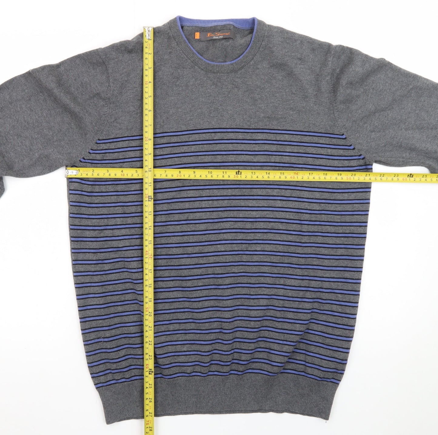 Ben Sherman Men's Grey Striped Cotton Knit Jumper XL