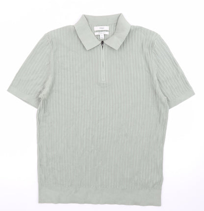 Marks and Spencer Men's Green Cotton Polo Shirt M Zip Neck