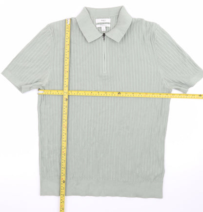 Marks and Spencer Men's Green Cotton Polo Shirt M Zip Neck