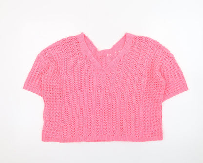 Next Women's Pink V-Neck Short Sleeve Acrylic Knit Jumper Size M